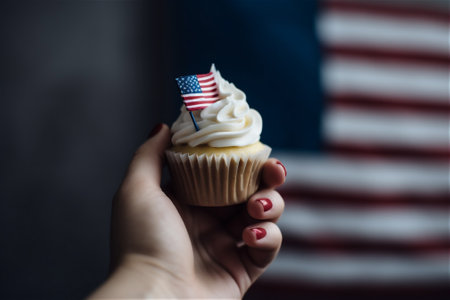 Fourth of july celebration. hand holding sweet cupcake with cream, flag background. AI generated contentの素材