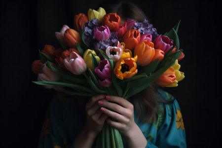 female holding a bouquet of flowers. AI generated contentの素材