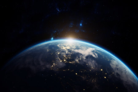 rising sun behind planet Earth. AI generated contentの素材