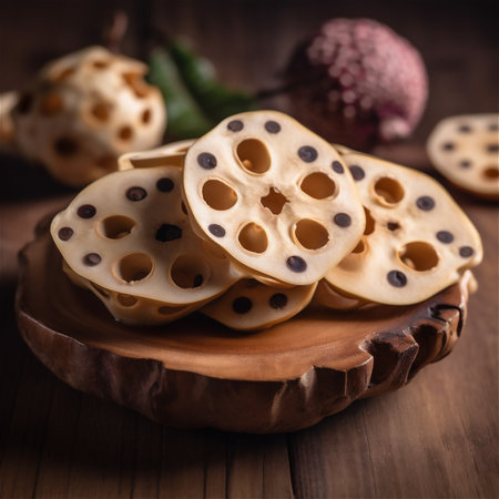 Fresh lotus root on a wooden table. AI generated contentの素材
