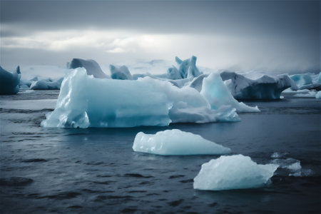 Melting iceberg floating in water. AI generated contentの素材