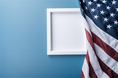 Copy space for American holiday: white frame mock up with copy space with American flag. Mock up blank. AI generated contentの素材