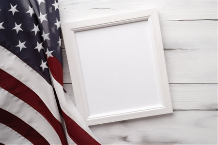 Copy space for American holiday: white frame mock up with copy space with American flag. Mock up blank. AI generated contentの素材