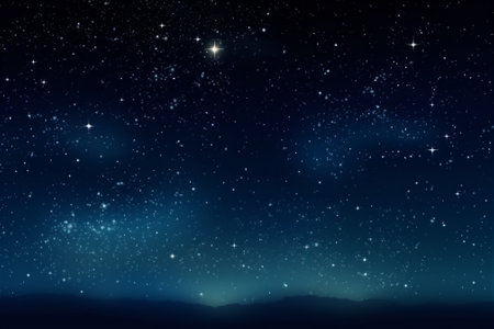 Blue dark night sky with many stars above field of trees. Milkyway background. AI generated contentの素材