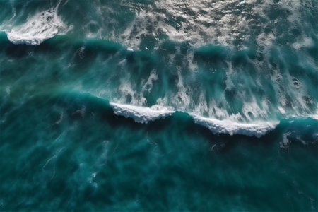 Blue green surface of the ocean with gentle ripples on the surface and light refracting. AI generated contentの素材