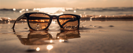 close up of sunglasses on beach sand. AI generated contentの素材