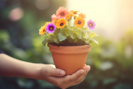 close up of woman's hands holding flower in pot. AI generated contentの素材