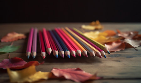 colorful pencils laying on wooden table with autumn leaves around. AI generated contentの素材