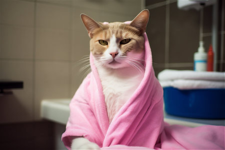 cat in a pink dressing gown in a spa. AI generated contentの素材