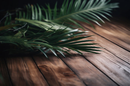 Palm tree leaves on vintage planked wood background - layout with free text copy space. AI generated contentの素材