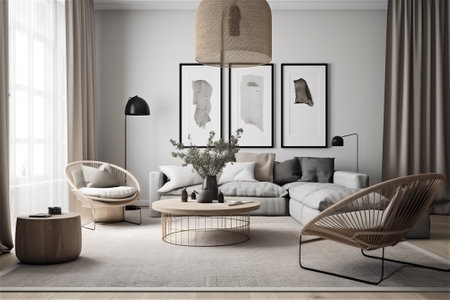 living room with pictures on the wall. AI generated contentの素材