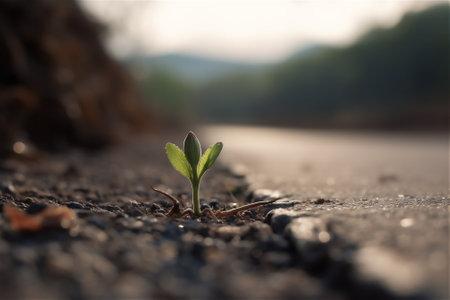 A small plant grows from a crack in the ground on a road. AI generated contentの素材