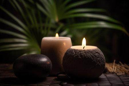 Spa stones and candles with palm tree leaves on dark background. AI generated contentの素材