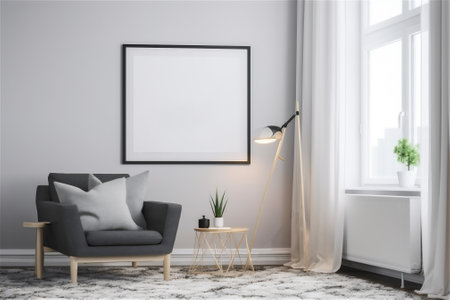 living room with mock up picture frames on the wall. AI generated contentの素材