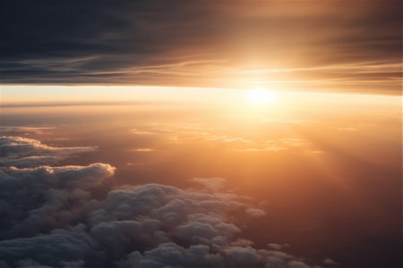 Passengers commercial airplane flying above clouds in sunset light. Concept of fast travel, holidays and business. AI generated contentの素材