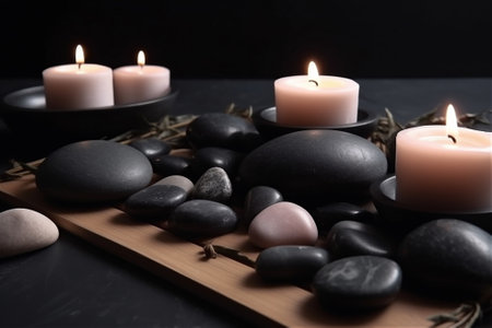 Spa stones and candles with palm tree leaves on dark background. AI generated contentの素材
