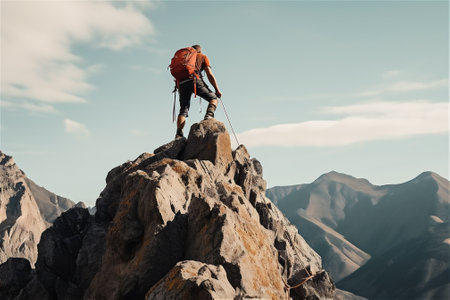 Person standing on top of a mountain and enjoying view of nature. AI generated contentの素材