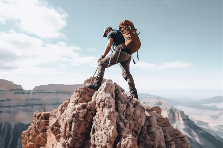Person standing on top of a mountain and enjoying view of nature. AI generated contentの素材