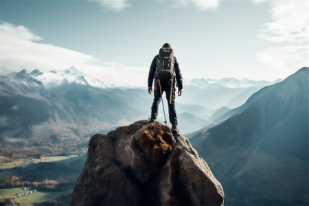 Person standing on top of a mountain and enjoying view of nature. AI generated contentの素材