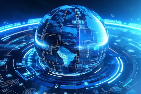 Map of the planet. Rays of energy. World map. Global social network. Future. Vector. Blue futuristic background with planet Earth. Internet and technology. AI generated contentの素材