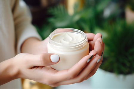 female holding a pot with hand, body, face cream in her hands, close up. woman uses body care creamの素材