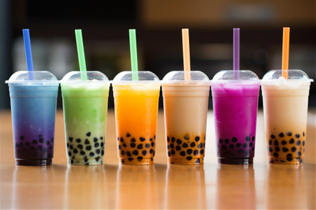 A row of colorful bubble tea take away cups on a table. AI generated contentの素材