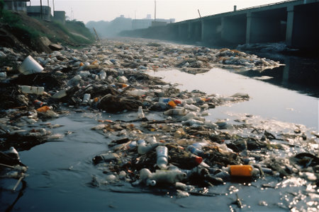 Plastic bottles, garbage in the polluted water and on the river bank. The concept of human pollution of rivers and nature. AI generated contentの素材