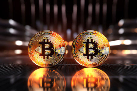 Bitcoin gold coin and defocused chart background. Virtual cryptocurrency concept. AI generated contentの素材