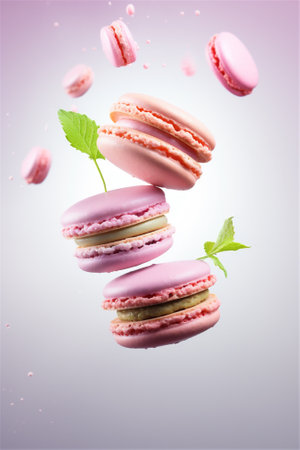 French macarons flying in the air. Levitation concept. food background. Pastel color. deconstruction food.の素材