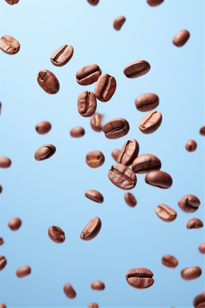 Falling coffee beans isolated on blue background, AI generated contentの素材