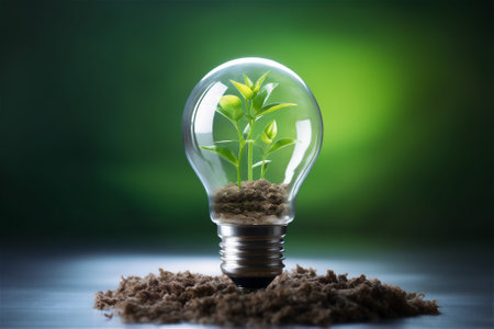 light bulb on green grass and sunlight in nature. concept of energy saving.の素材