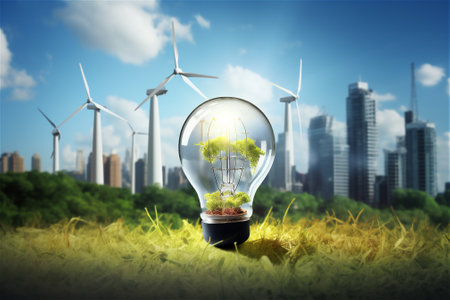 light bulb on green grass and sunlight in nature on urban background. concept of energy saving.の素材