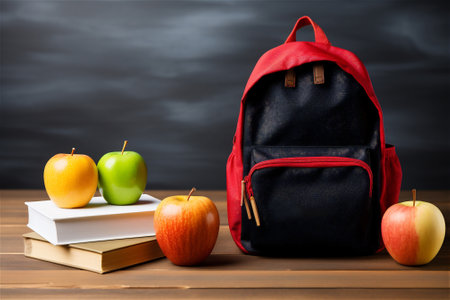 Back to school. black and red school bag with books and apples on chalkboard background.の素材