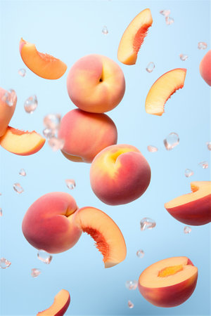 Cut and whole fresh ripe peaches falling on blue backgroundの素材