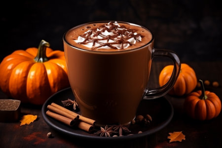 cup of hot chocolate with cinnamon and mini pumpkins with autumn backgroundの素材