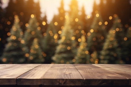 Christmas and New year background with empty dark wooden deck table over christmas tree and blurred light bokeh. Empty display for product montage. Rustic vintage Xmas background.の素材