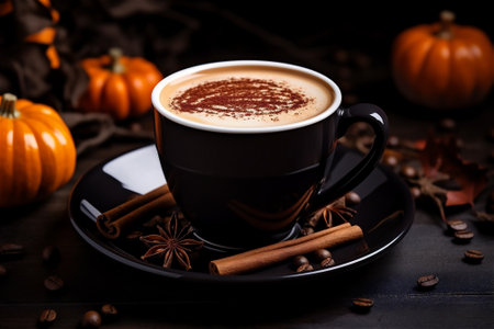 cup of hot chocolate with cinnamon and mini pumpkins with autumn backgroundの素材