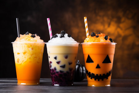 Autumn bubble tea drink. Cozy Halloween drinksの素材