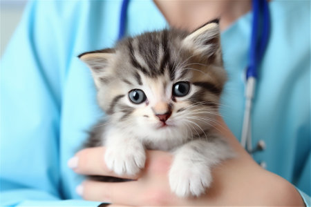 Veterinarian holding a kitten. Pet care and treatment concept. Kind vet doctor holding a cat in their handsの素材