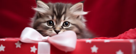 Banner of a cute fluffy cat with a bow on a red background looks into the camera.の素材