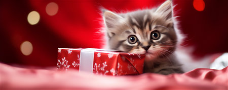 Banner of a cute fluffy cat with a bow on a red background looks into the camera.の素材