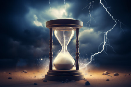hourglass on storm weather background, time running conceptの素材
