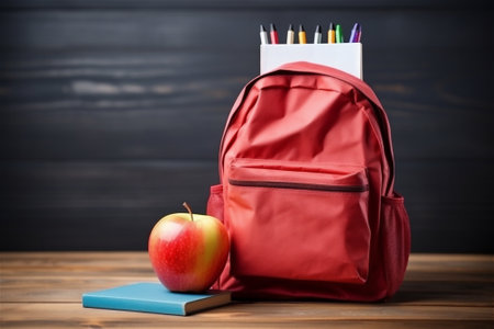 Colorful school supplies next to a school bag on black background. Back to school concept.の素材