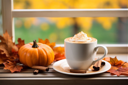 Hot chocolate drink with cream on window with autumn leaves and pumpkinsの素材