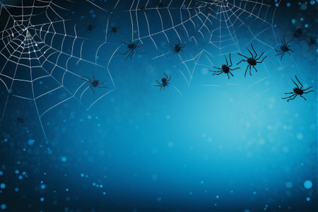 A close up view of a spider web with spiders on blue background.の素材