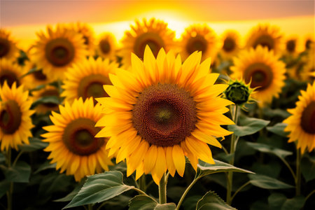 Field of yellow sunflowers flowers. Sunflower sways in the wind. Beautiful fields with sunflowers in the summer in rays of bright sun. Crop of crops ripening in fieldの素材