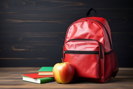 Colorful school supplies next to a school bag on black background. Back to school concept.の素材