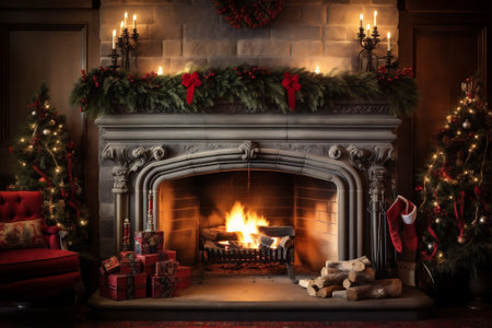 A cozy evening by the fireplace in a house decorated for Christmas holidays.の素材