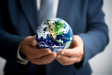 businessman holding planet earth globe in his hands close upの素材