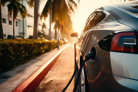 electric car charging from charging station. charging electric car at outdoor charging stationの素材